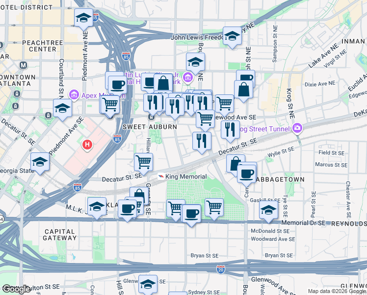map of restaurants, bars, coffee shops, grocery stores, and more near 412 Todd Street Southeast in Atlanta