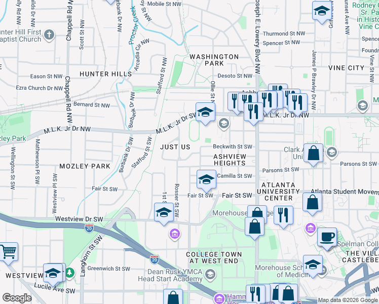 map of restaurants, bars, coffee shops, grocery stores, and more near 1085 Fountain Drive Southwest in Atlanta
