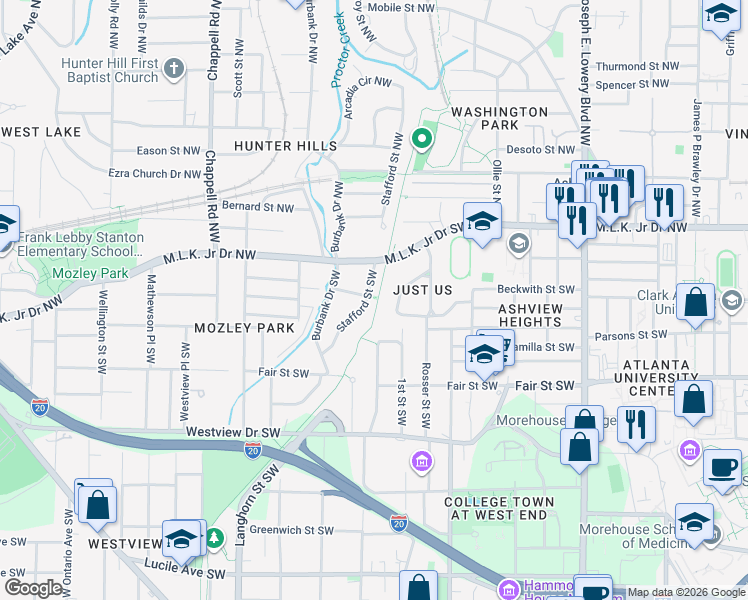 map of restaurants, bars, coffee shops, grocery stores, and more near 1162 Fountain Drive Southwest in Atlanta