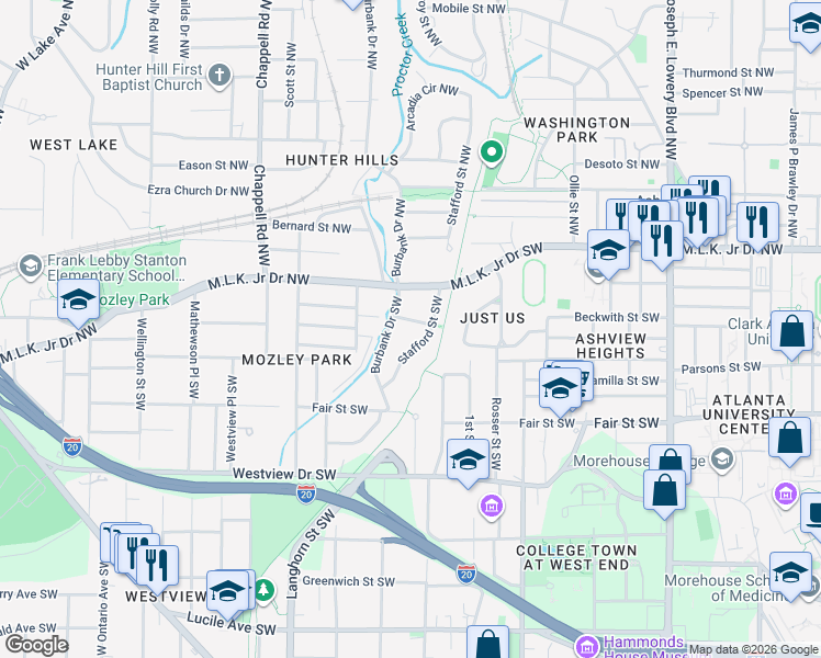 map of restaurants, bars, coffee shops, grocery stores, and more near 130 Stafford Street Southwest in Atlanta