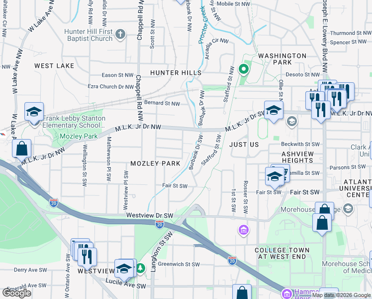 map of restaurants, bars, coffee shops, grocery stores, and more near 121 Burbank Drive Southwest in Atlanta