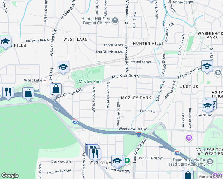 map of restaurants, bars, coffee shops, grocery stores, and more near 1476 Adele Avenue Southwest in Atlanta