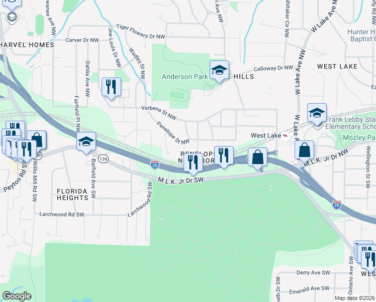 map of restaurants, bars, coffee shops, grocery stores, and more near 168 Howard Street Northwest in Atlanta