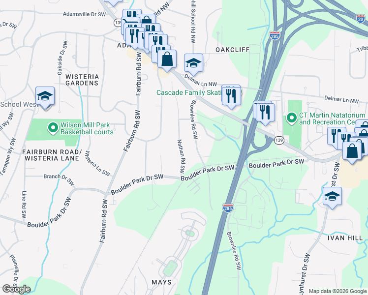 map of restaurants, bars, coffee shops, grocery stores, and more near 192 Nathan Road Southwest in Atlanta