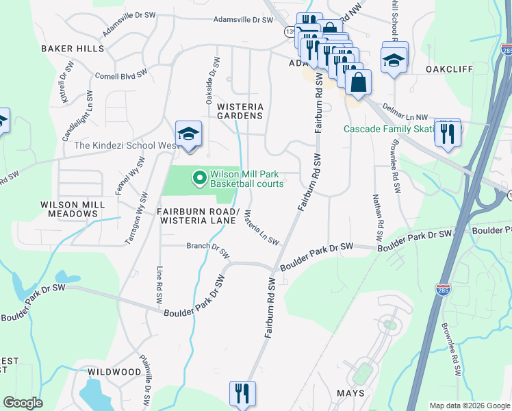 map of restaurants, bars, coffee shops, grocery stores, and more near 3759 Wisteria Lane Southwest in Atlanta