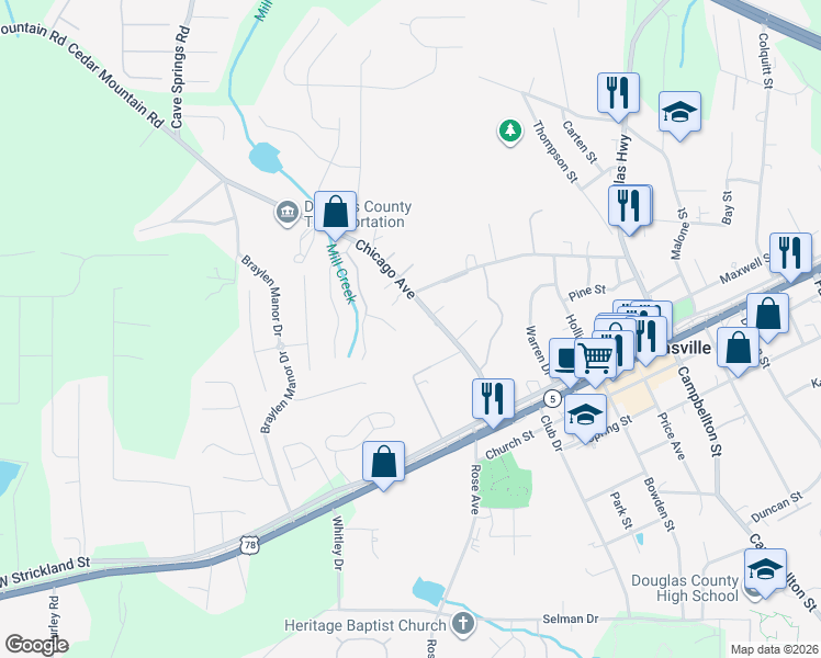map of restaurants, bars, coffee shops, grocery stores, and more near 8348 Ramblin Court in Douglasville