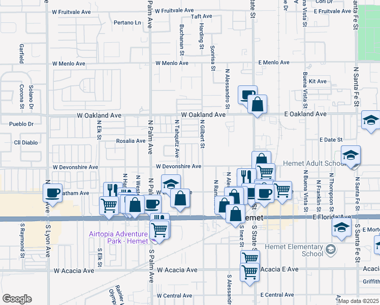 map of restaurants, bars, coffee shops, grocery stores, and more near 530 Devonshire Avenue in Hemet
