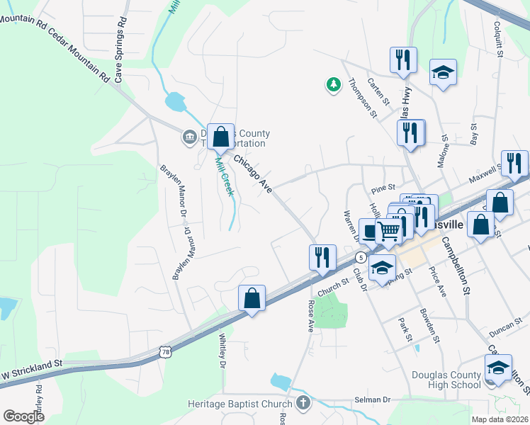 map of restaurants, bars, coffee shops, grocery stores, and more near 8348 Ramblin Court in Douglasville