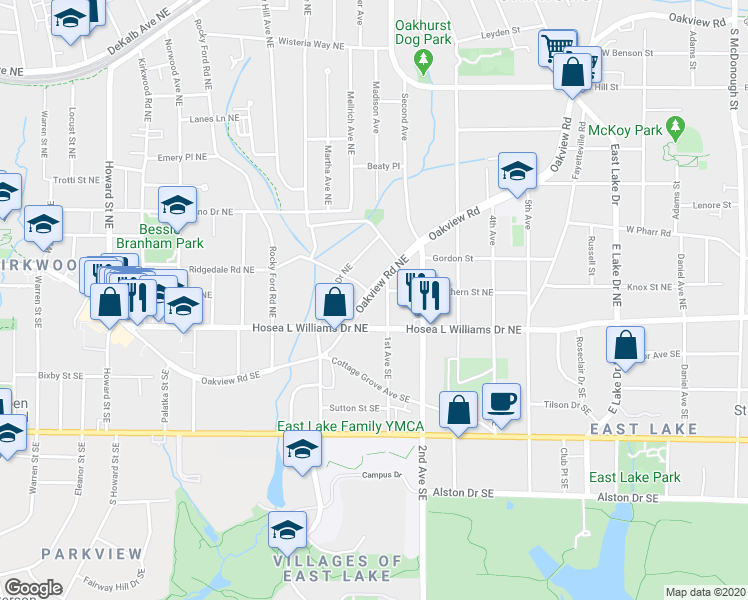 map of restaurants, bars, coffee shops, grocery stores, and more near 1726 Oakview Road in Decatur