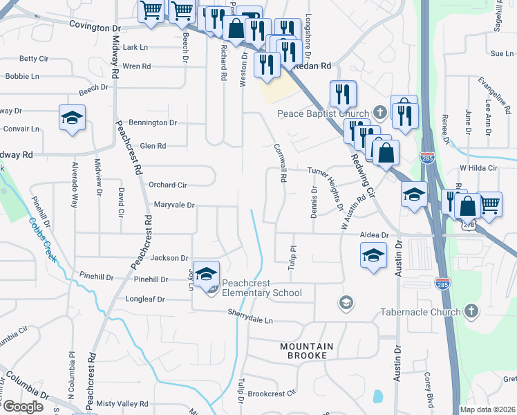 map of restaurants, bars, coffee shops, grocery stores, and more near 3508 Turner Heights Drive in Decatur