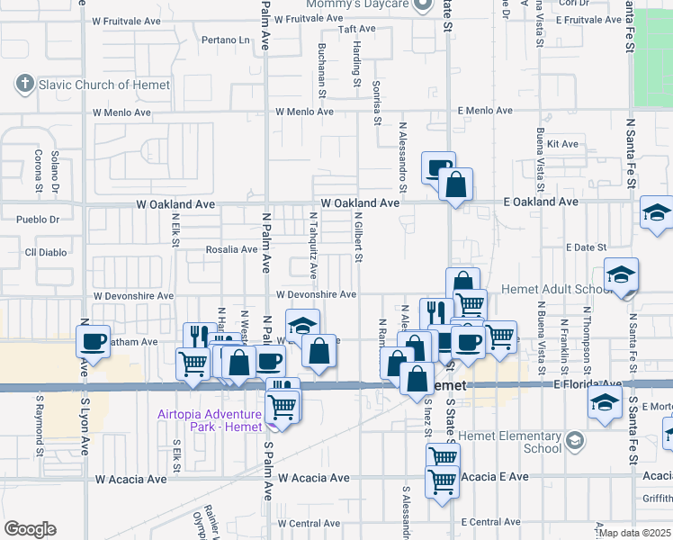 map of restaurants, bars, coffee shops, grocery stores, and more near 530 West Devonshire Avenue in Hemet