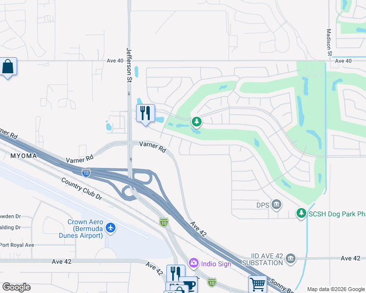 map of restaurants, bars, coffee shops, grocery stores, and more near 40848 Calle Santa Cruz in Indio