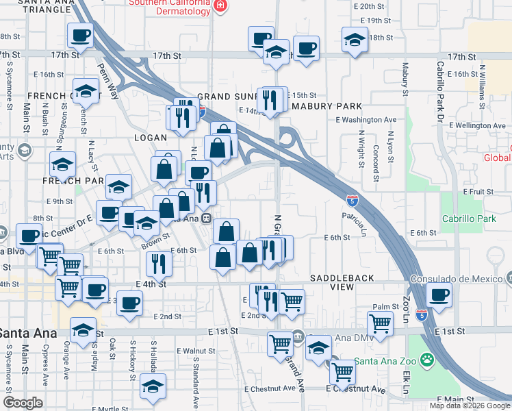 map of restaurants, bars, coffee shops, grocery stores, and more near 1160 East Fruit Street in Santa Ana