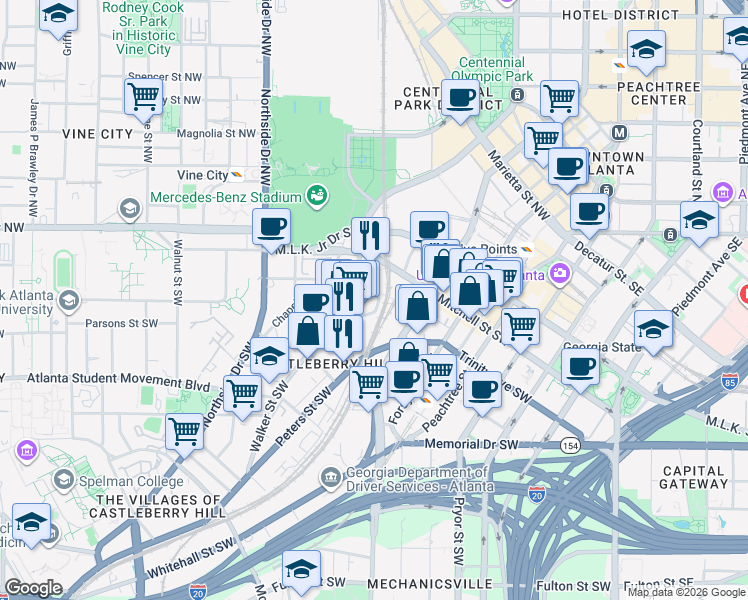 map of restaurants, bars, coffee shops, grocery stores, and more near 311 Nelson Street Southwest in Atlanta