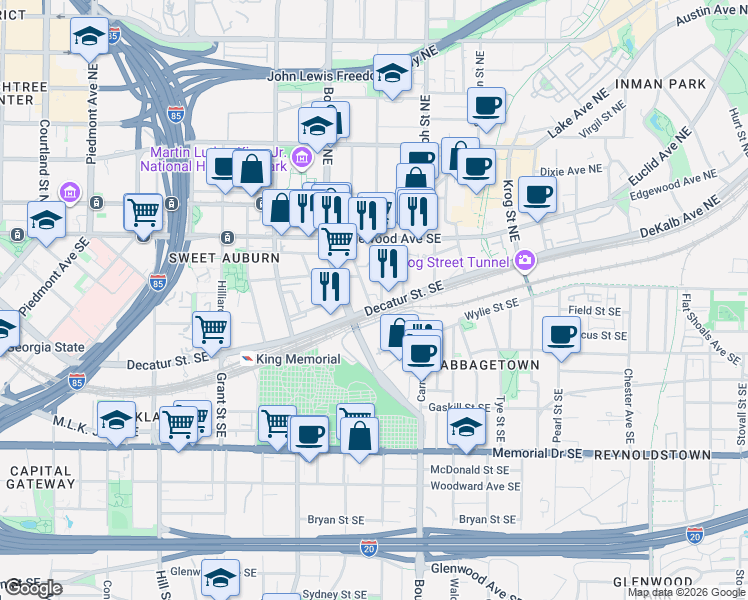 map of restaurants, bars, coffee shops, grocery stores, and more near Decatur St in Atlanta
