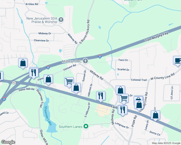 map of restaurants, bars, coffee shops, grocery stores, and more near 1965 Midway Road in Douglasville