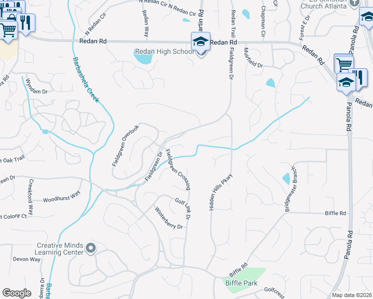 map of restaurants, bars, coffee shops, grocery stores, and more near 5148 Rocky Glen in Stone Mountain