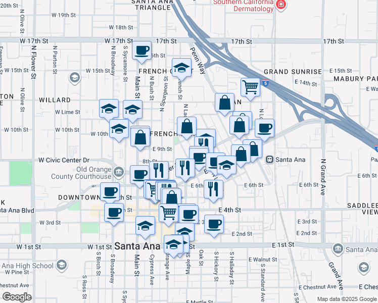 map of restaurants, bars, coffee shops, grocery stores, and more near 811 North Minter Street in Santa Ana