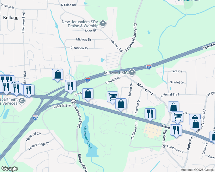 map of restaurants, bars, coffee shops, grocery stores, and more near 3965 Vansant Road in Douglasville