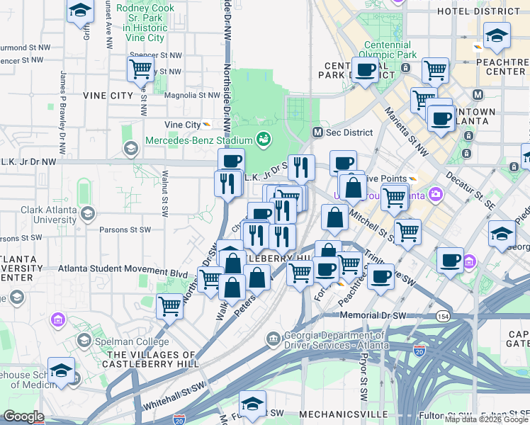 map of restaurants, bars, coffee shops, grocery stores, and more near 89 Mangum Street Southwest in Atlanta
