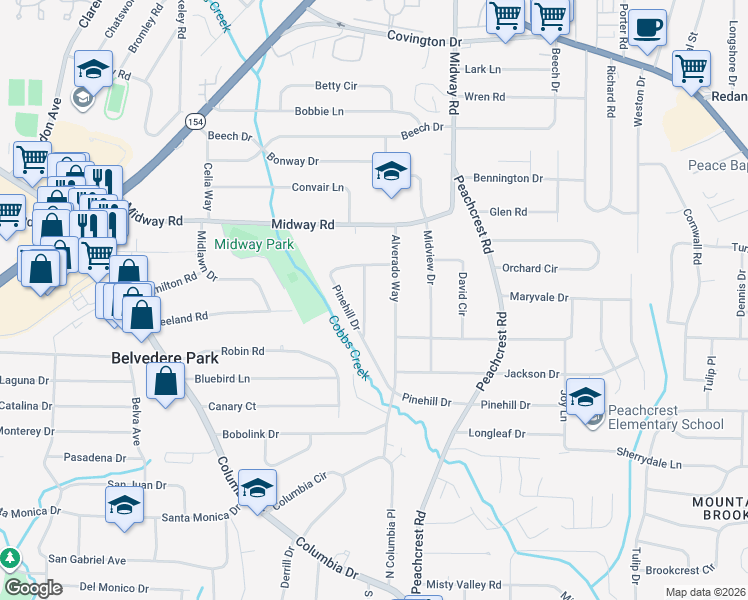 map of restaurants, bars, coffee shops, grocery stores, and more near 1406 Sandy Lane in Decatur