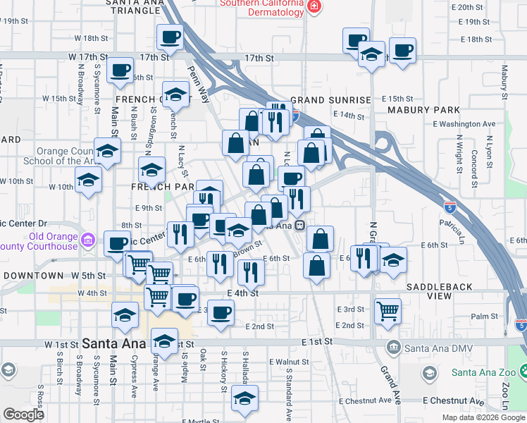 map of restaurants, bars, coffee shops, grocery stores, and more near 942 East Santa Ana Boulevard in Santa Ana
