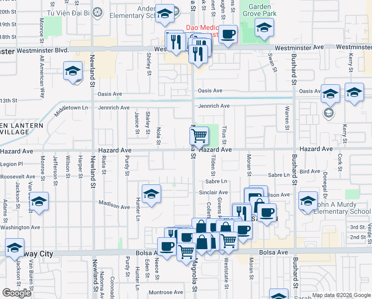 map of restaurants, bars, coffee shops, grocery stores, and more near 9132 Hazard Avenue in Westminster