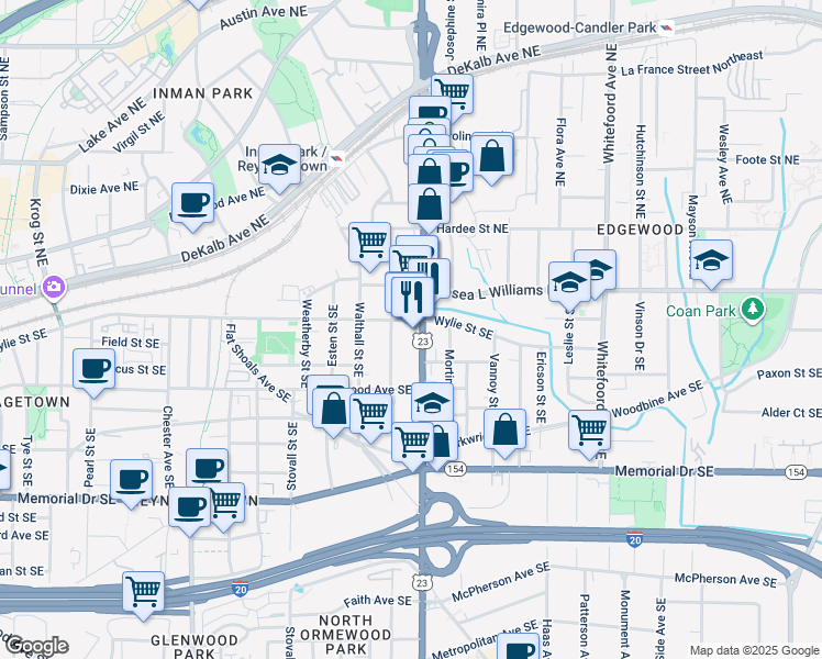 map of restaurants, bars, coffee shops, grocery stores, and more near 77 Moreland Avenue Southeast in Atlanta