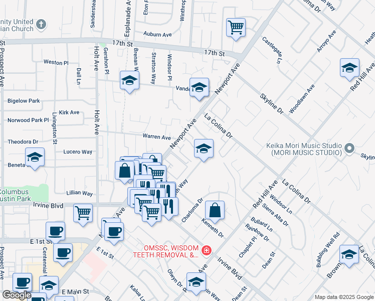 map of restaurants, bars, coffee shops, grocery stores, and more near 12700 Newport Avenue in Tustin