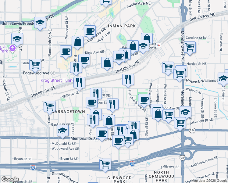 map of restaurants, bars, coffee shops, grocery stores, and more near 87 Selman Street Southeast in Atlanta
