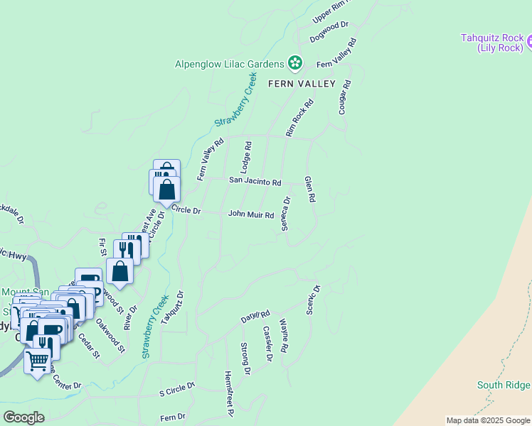 map of restaurants, bars, coffee shops, grocery stores, and more near 55250 John Muir Road in Idyllwild-Pine Cove