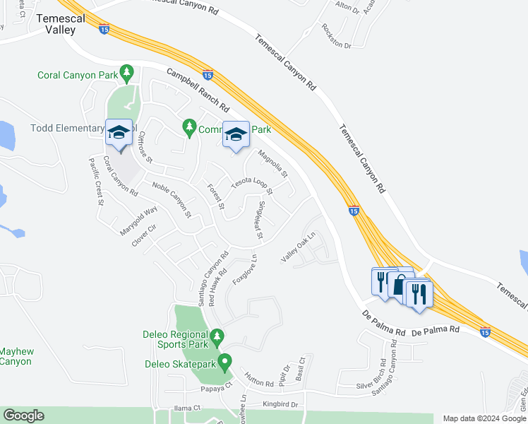 map of restaurants, bars, coffee shops, grocery stores, and more near 25314 Grandfir Court in Corona