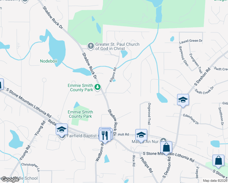 map of restaurants, bars, coffee shops, grocery stores, and more near 5917 Valley Green Road in Lithonia