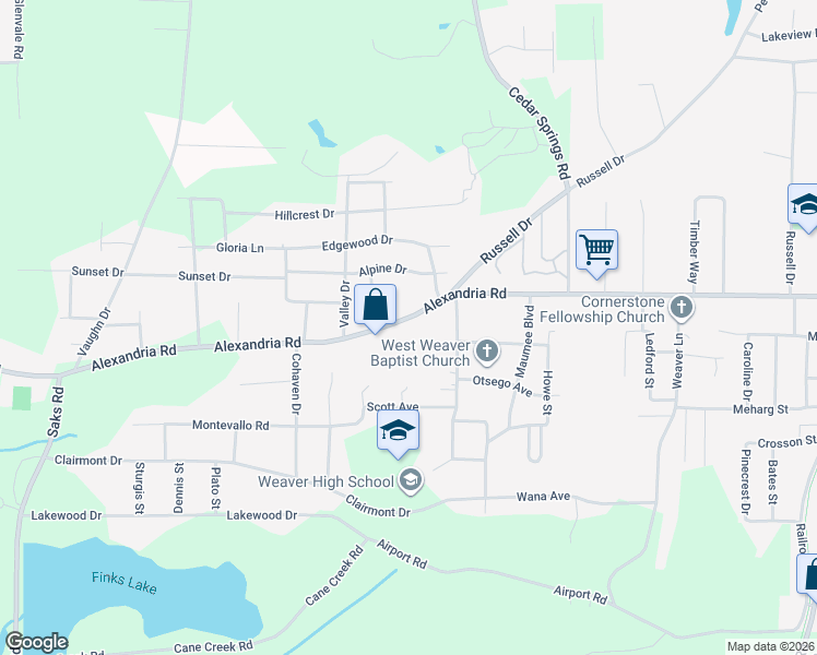 map of restaurants, bars, coffee shops, grocery stores, and more near 1107 Alexandria Road in Weaver