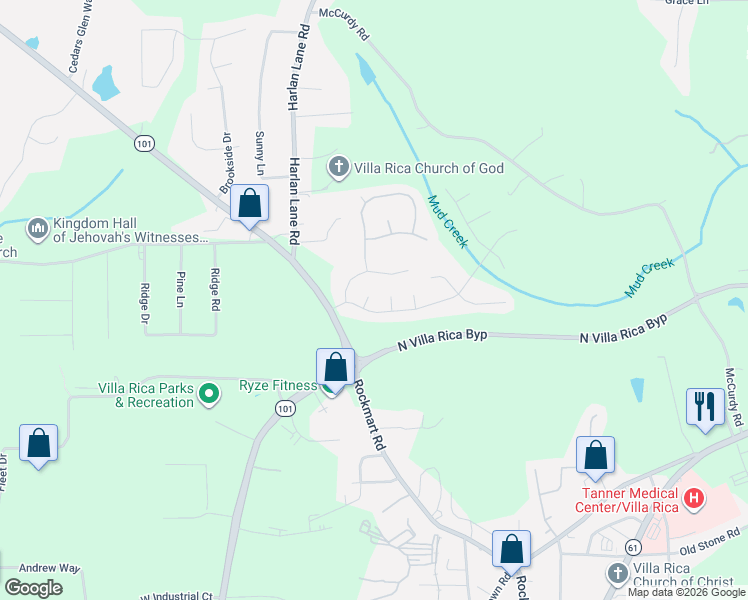 map of restaurants, bars, coffee shops, grocery stores, and more near 203 Crape Myrtle Way in Villa Rica