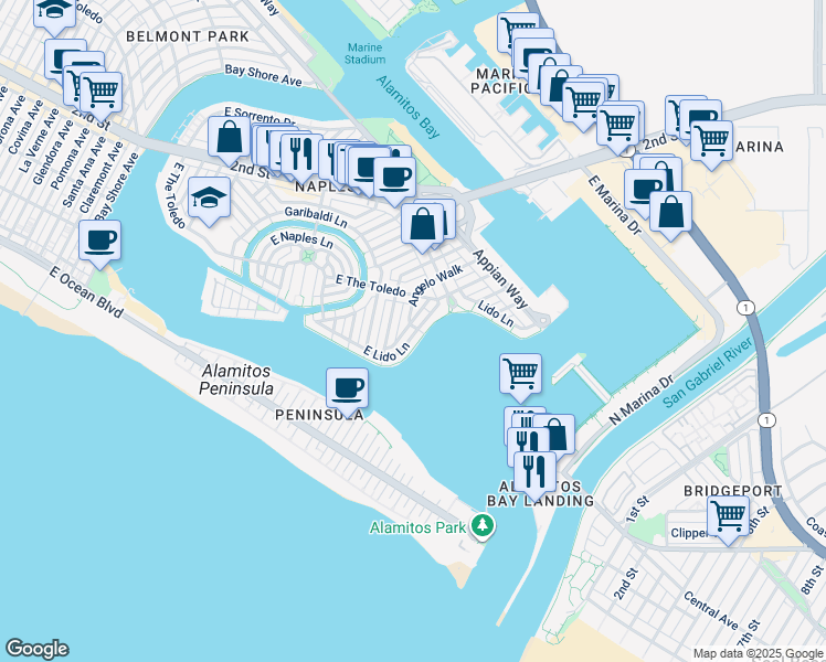 map of restaurants, bars, coffee shops, grocery stores, and more near 46 Giralda Walk in Long Beach