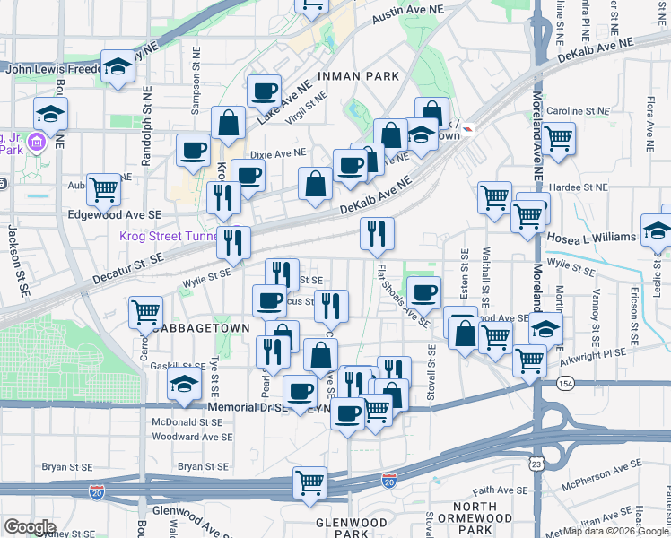 map of restaurants, bars, coffee shops, grocery stores, and more near 87 Selman Street Southeast in Atlanta
