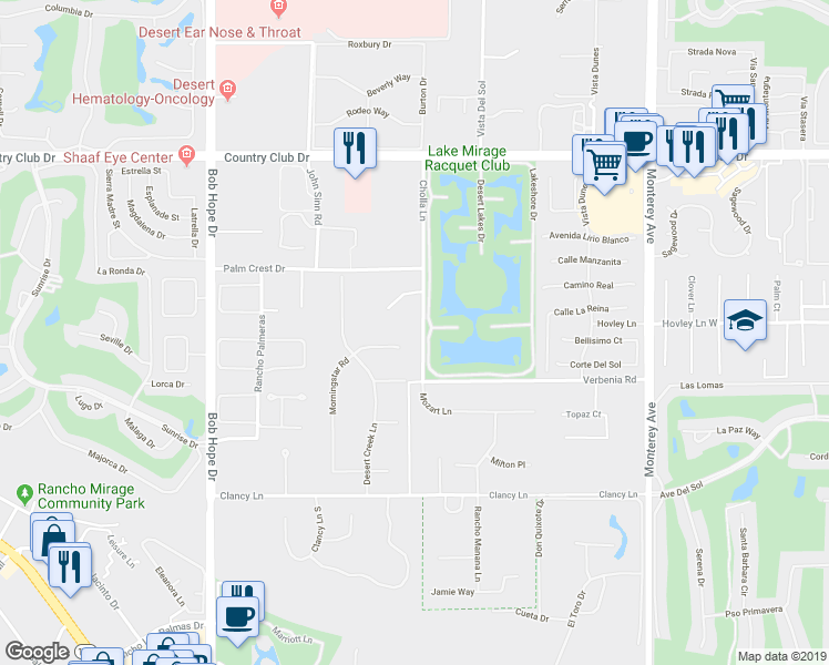 map of restaurants, bars, coffee shops, grocery stores, and more near 72435 Morningstar Road in Rancho Mirage