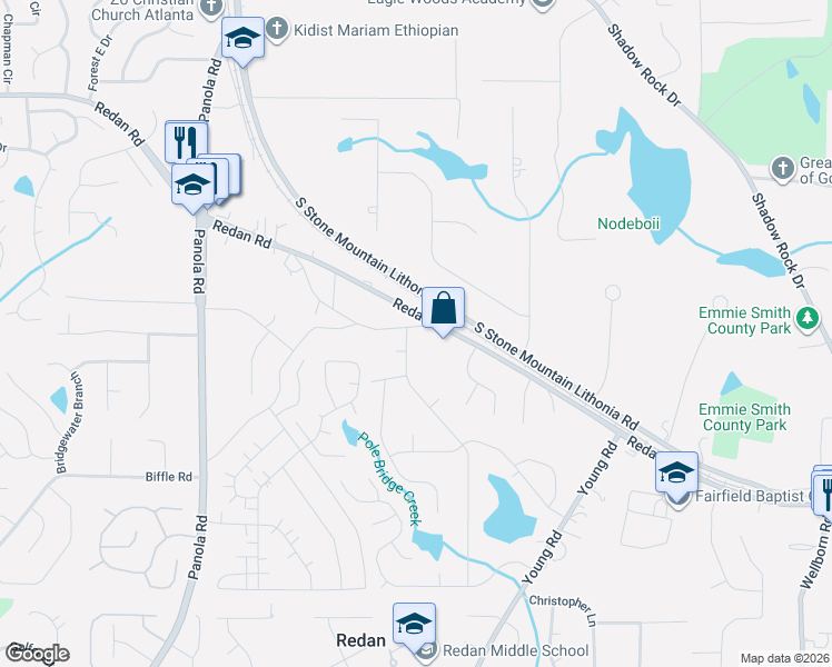 map of restaurants, bars, coffee shops, grocery stores, and more near 1386 Stoneleigh Hill Road in Lithonia