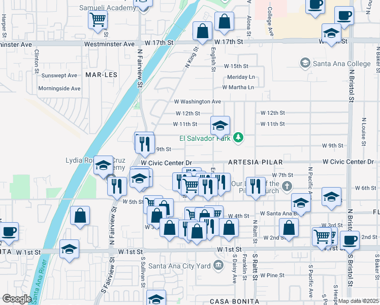 map of restaurants, bars, coffee shops, grocery stores, and more near 2037 Alco Avenue in Santa Ana
