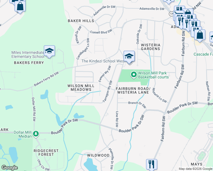 map of restaurants, bars, coffee shops, grocery stores, and more near 411 Tarragon Way Southwest in Atlanta
