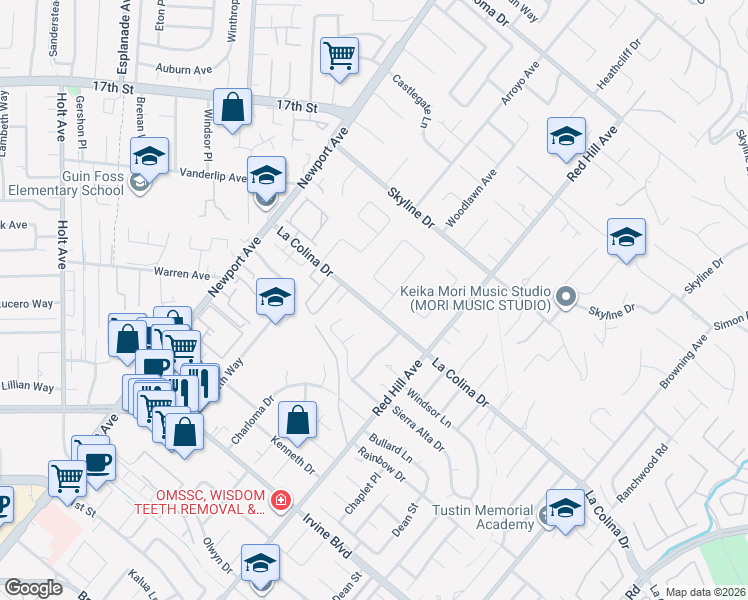 map of restaurants, bars, coffee shops, grocery stores, and more near 1311 La Colina Drive in Tustin