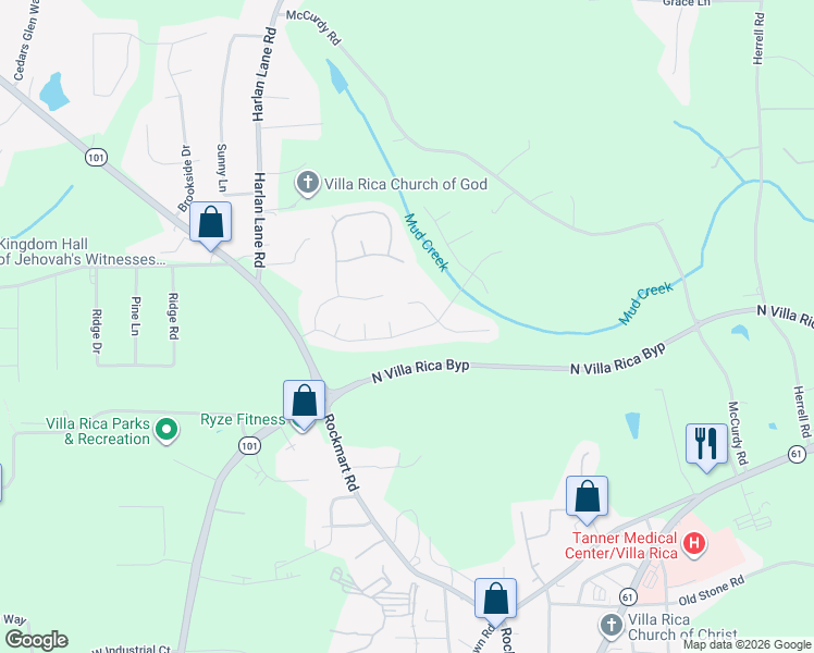 map of restaurants, bars, coffee shops, grocery stores, and more near 136 Reid Plantation Drive in Villa Rica