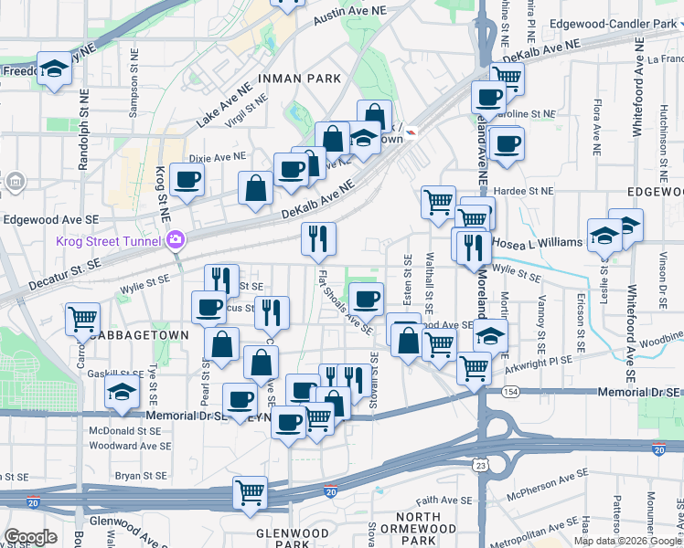 map of restaurants, bars, coffee shops, grocery stores, and more near 100 Flat Shoals Avenue Southeast in Atlanta