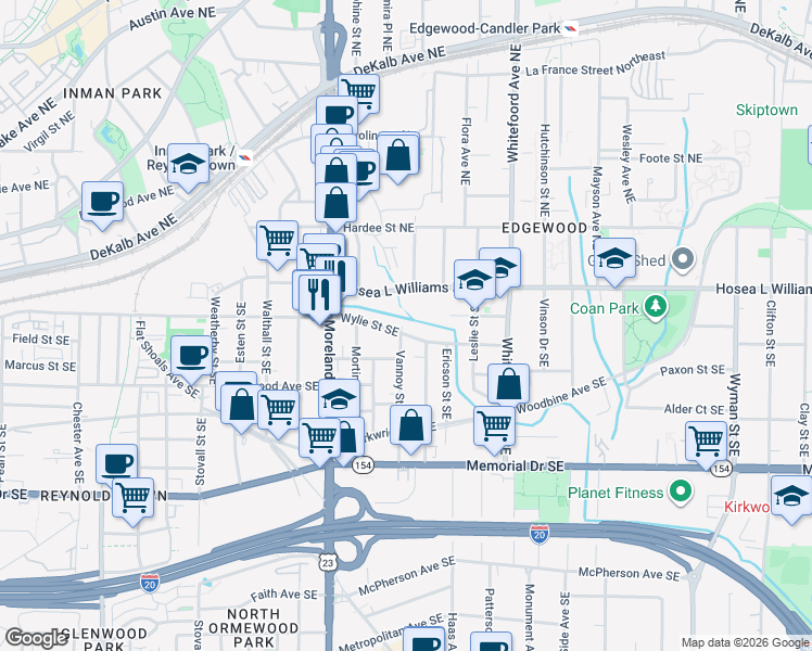 map of restaurants, bars, coffee shops, grocery stores, and more near 71 Vannoy Street Southeast in Atlanta