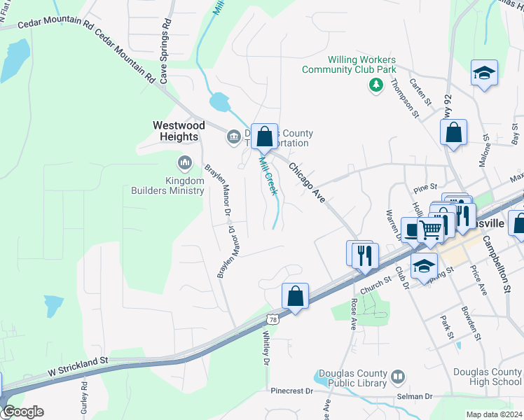 map of restaurants, bars, coffee shops, grocery stores, and more near 7143 Crystal Creek Place in Douglasville