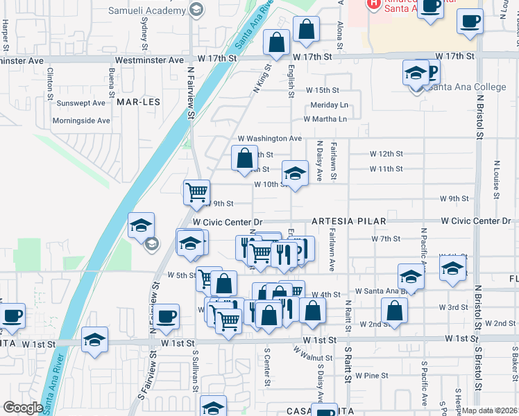 map of restaurants, bars, coffee shops, grocery stores, and more near 2037 Alco Avenue in Santa Ana