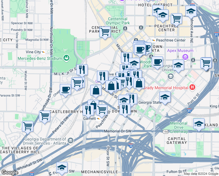 map of restaurants, bars, coffee shops, grocery stores, and more near 95 Forsyth Street Southwest in Atlanta