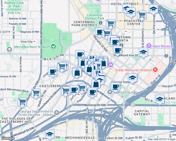 map of restaurants, bars, coffee shops, grocery stores, and more near 210 Mitchell Street Southwest in Atlanta
