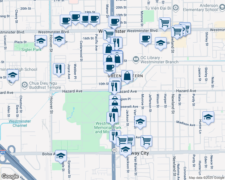 map of restaurants, bars, coffee shops, grocery stores, and more near Beach Boulevard & Hazard Avenue in Westminster